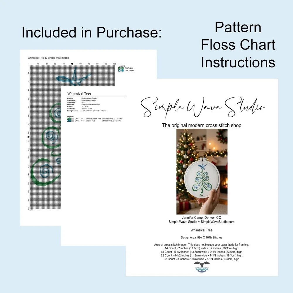 Whimsical Christmas Tree Modern Cross Stitch Pattern Green Blue Star